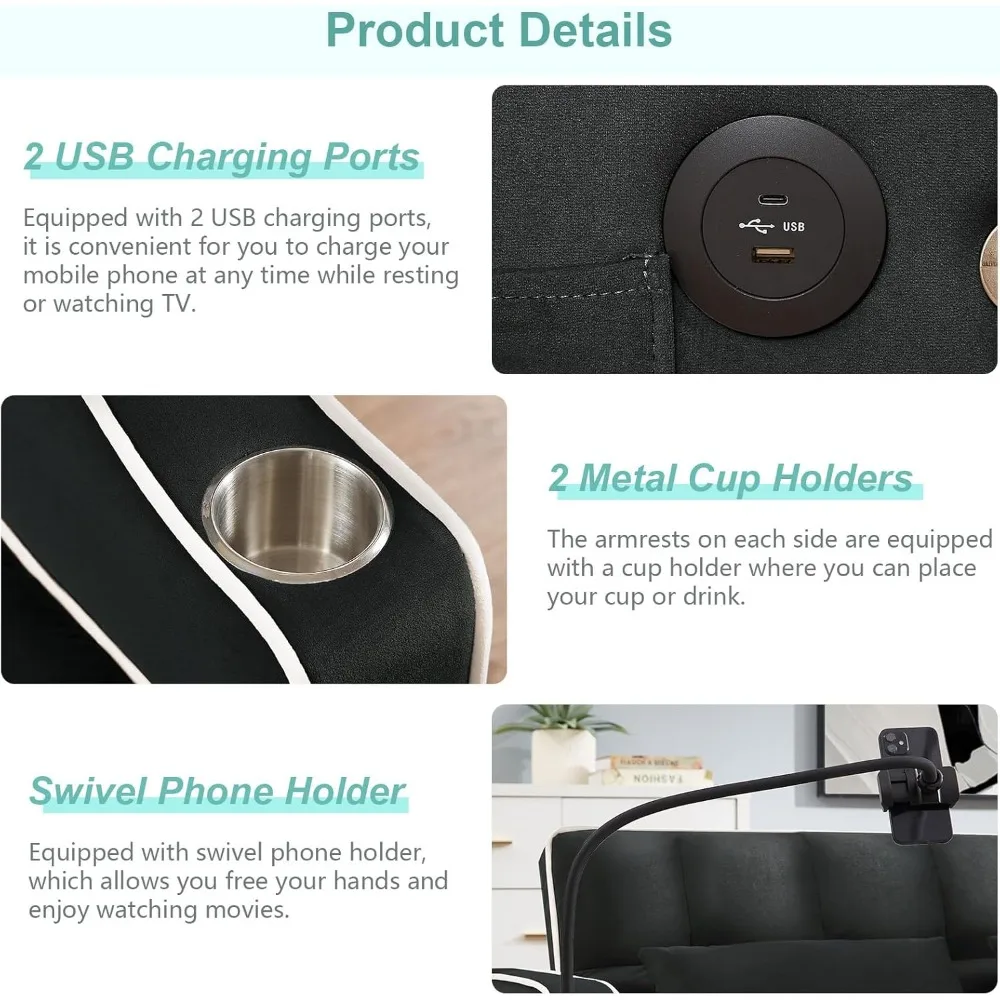 Modern Velvet Sleeper Sofa with Pull Out Bed and Adjustable Backrest, Loveseat with Cup Holders for Comfortable Living