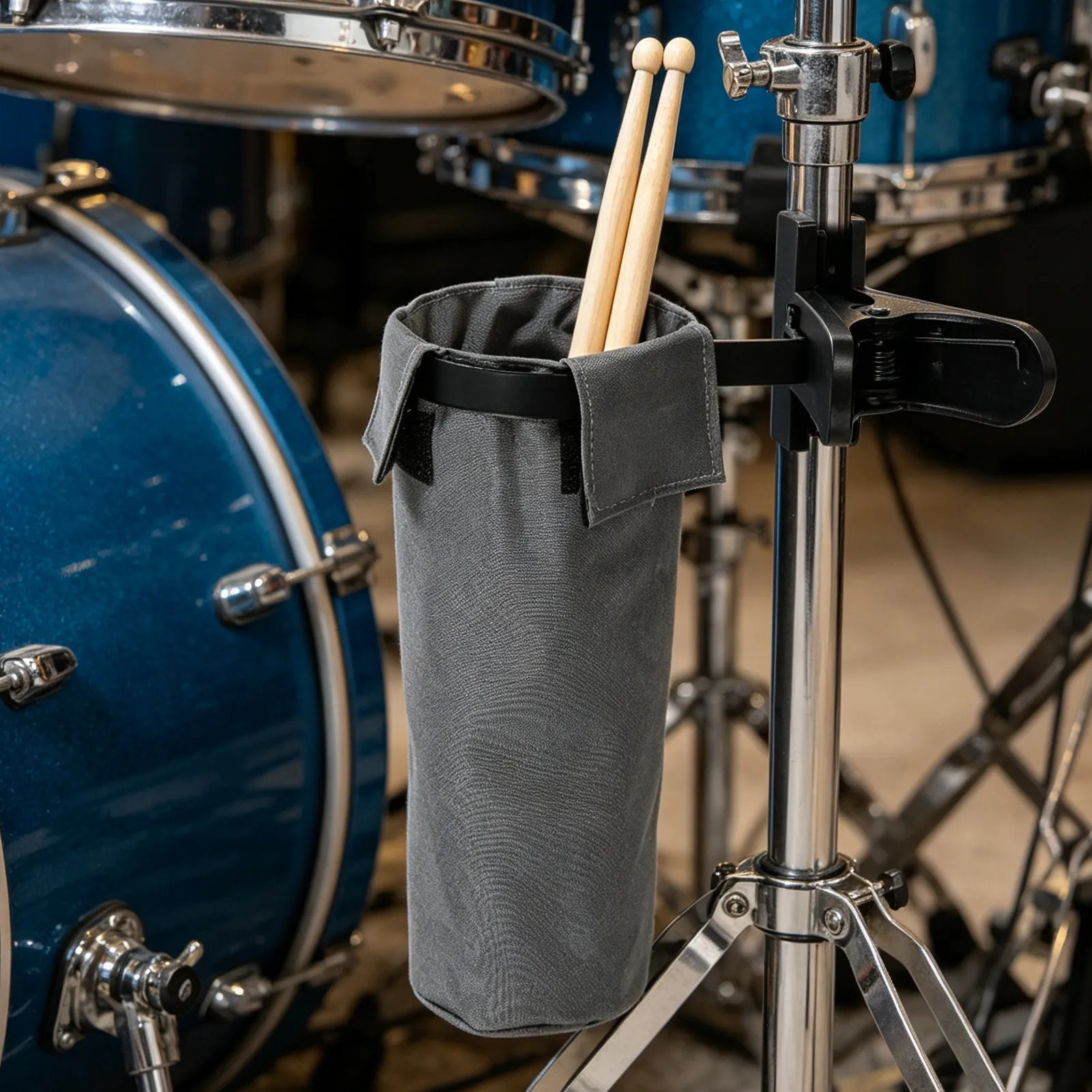 Clamp-on Drumstick Holder Pouch Grey Oxford Fabric Portable Drum Kit Accessory Secure Stick Organizer for Studio Performance