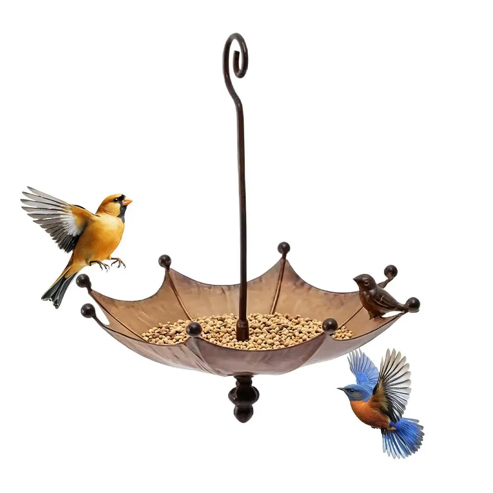 Comedero para Pájaros Colgante Tipo Sombrilla con Percha, Comedero para Colibríes, Bandeja de Semillas de Malla Metálica, Comedero para Pájaros Colgante Tipo Parasol para Jardín