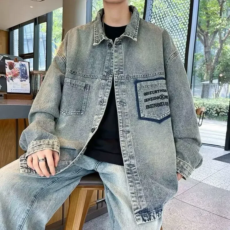 

Оригинальная синяя свободная мужская джинсовая куртка из ткани Y2k Фирменная одежда Высокое качество Эстетическая новинка в стиле рок Мужские джинсовые пальто