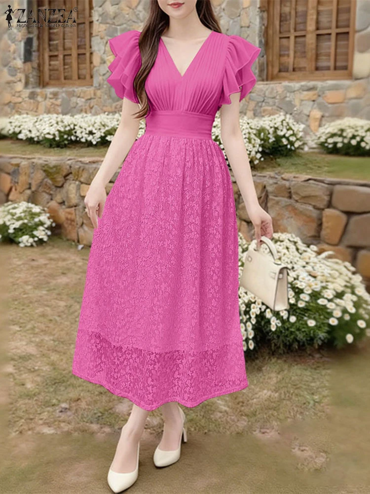 2025 ZANZEA Women Elegant Party Dress Stylish Lace Patchwork Sundress V Neck Waisted A Line Dresses Ruffled Sleeve Midi Robe