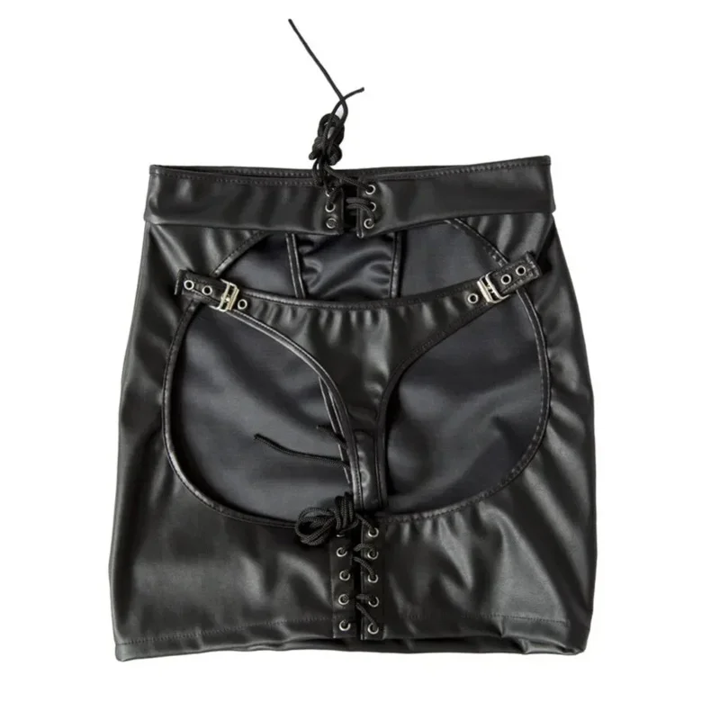 Faux Leather Lace-Up Spanking Skirt Sex Fetish Clubwear Open Hip Bondage Skirts Toys BS7459