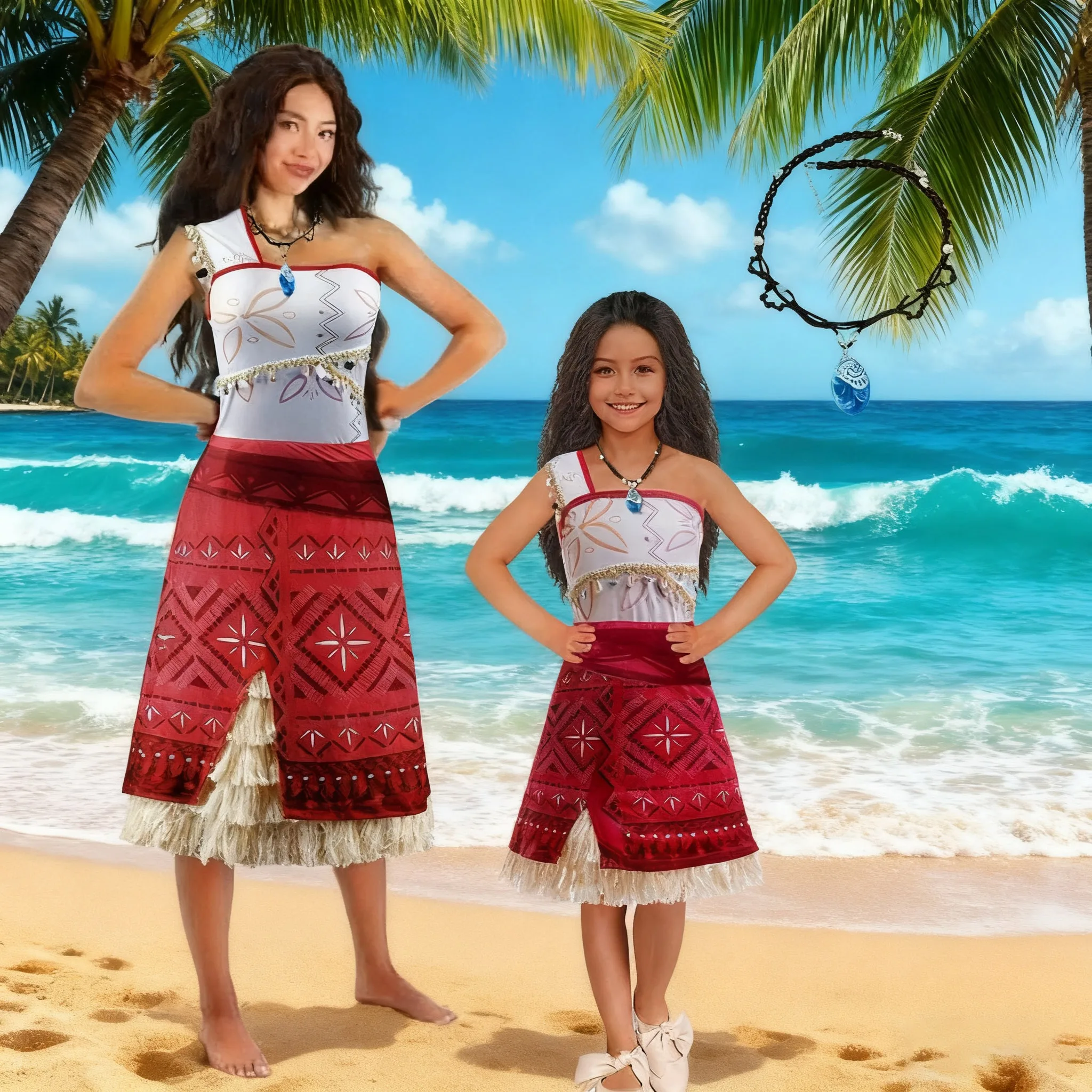 

Vaiana Kids Adult Women Holiday Costume Movie Dress and necklace 2PCS Sets Child Outfit For Girls Carnival Mom daughter