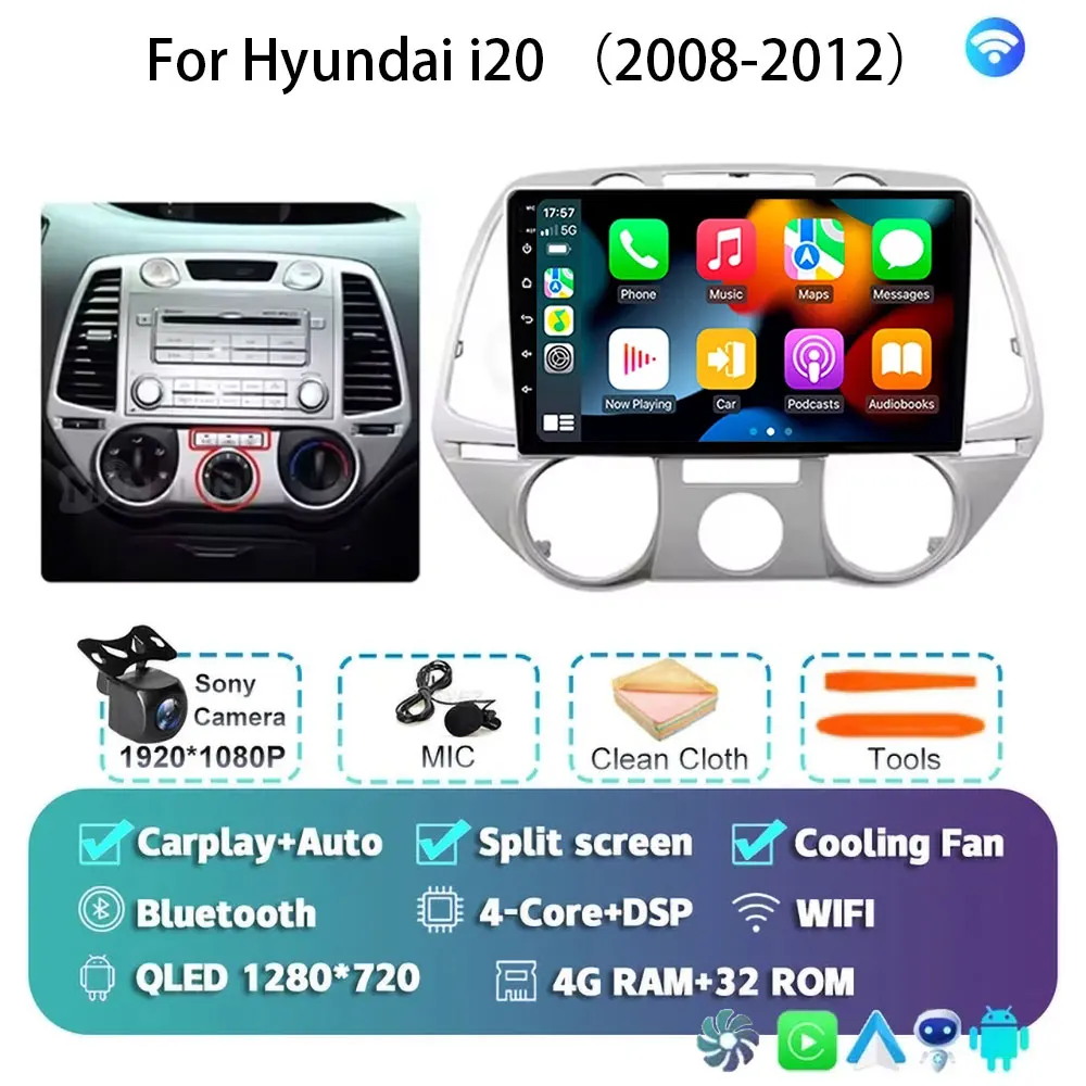 Android 15 Carplay Voor Hyundai i20 2008 2009 2010 2011 2012 Autoradio Stereo Multimedia Video Player WIFI Touchscreen