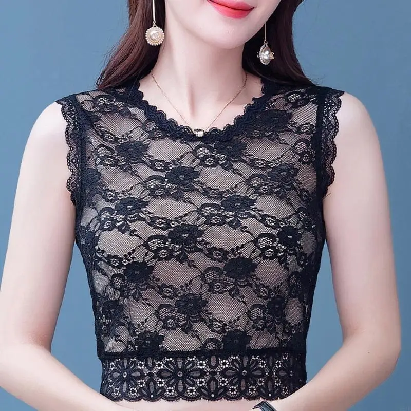 

Y5JD Women Plum Flower Lace Sleeveless Detachable Collar Solid Color Round Neck Half Shirt Blouse Scalloped Trim Fitted Top