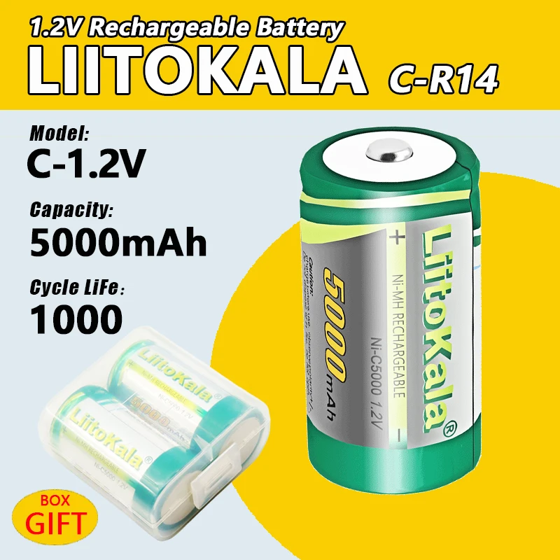 1-40PCS LiitoKala Ni-C5000 1.2V 5000mAh C Size Battery 5000mAh NiMH Rechargeable Batteries for 1000 Times Recharged