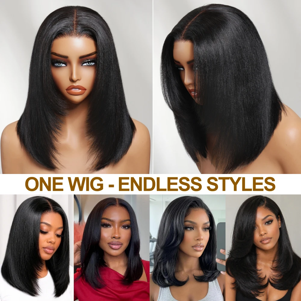 UNICE 13x4 Lace Frontal Layered Cut Yaki Straight Bob Wig Human Hair With Drawstring Pre Ear Tab Glueless Wig 150% Density - view 2