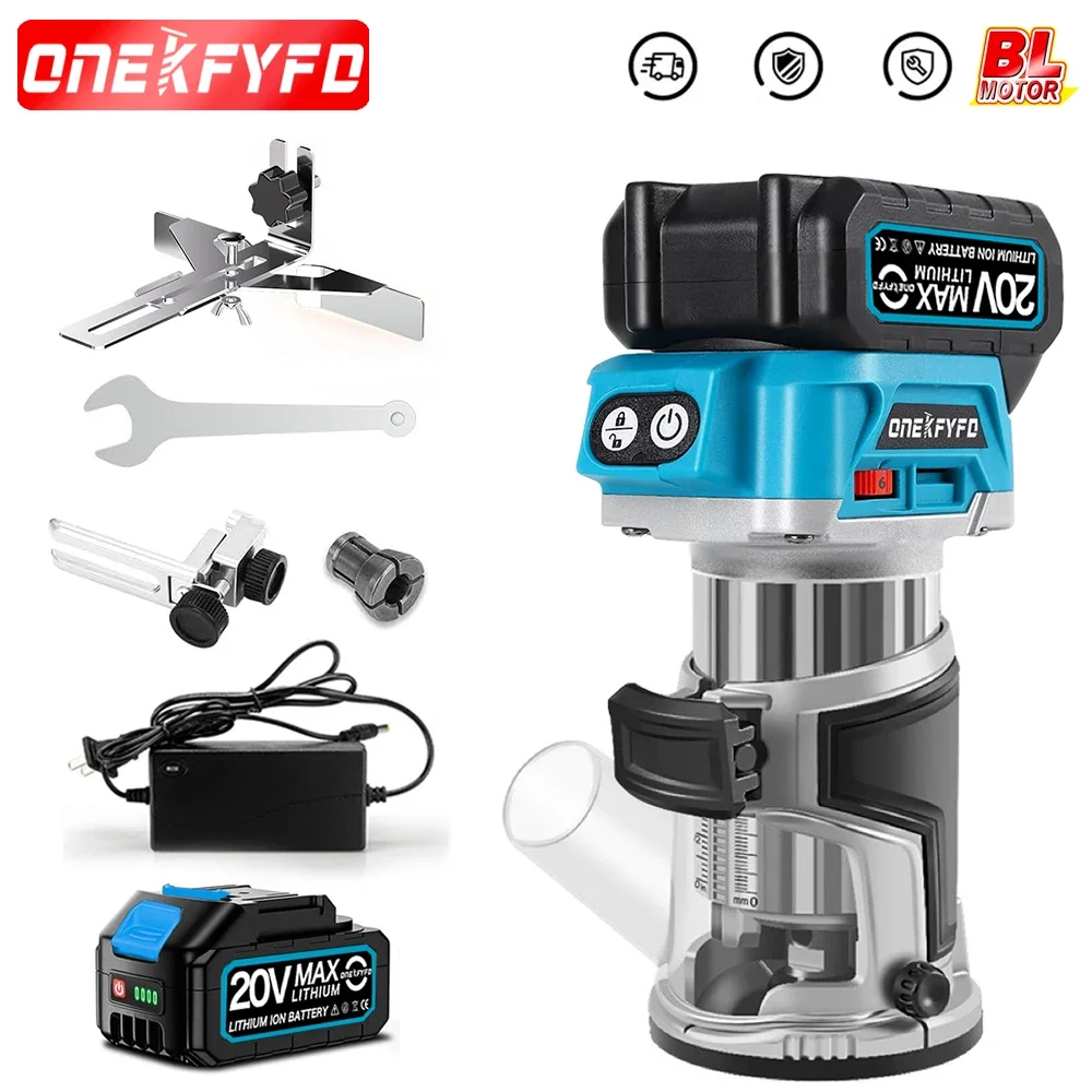 

ONEKFYFD Brushless 6 Speeds Electric Trimmer Aluminum Alloy Base Wood Router Woodworking Engraving Slotting for Makita Battery