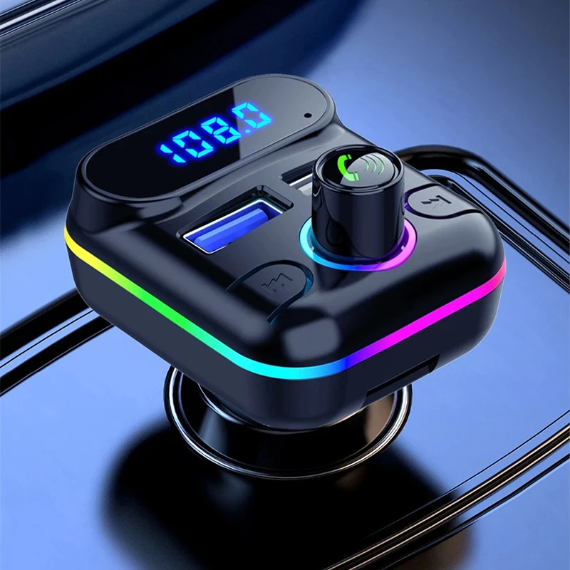 

Dual USB Car Charger FM Transmitter Bluetooth 5.0 MP3 Player Hands-Free TF Card U Disk Playback With RGB Atmosphere Light Lamp