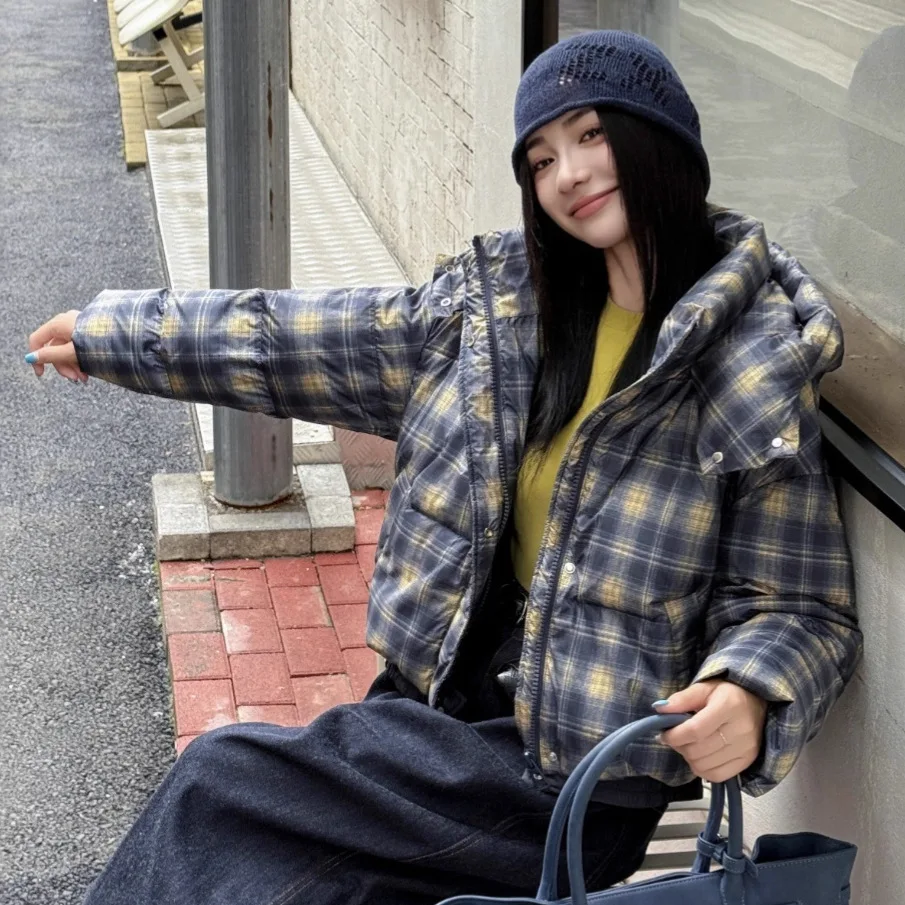 2025 Winter Fashion Women's Down Jacket Commuter Hoodie Plaid Short Jacket