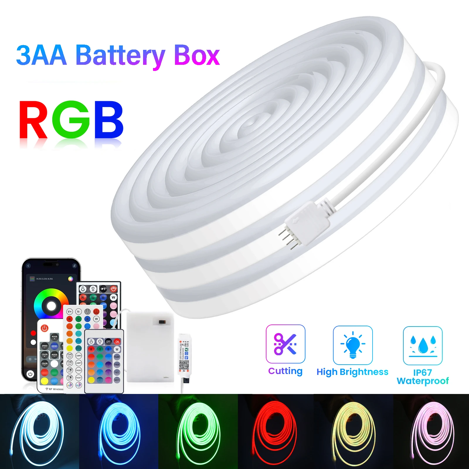 

5V Waterproof RGB LED Neon Strip Light with AA Battery Box 3/17/24/44Keys Controller Flexible Tape 50cm 1m 2m 3m for Home Decor