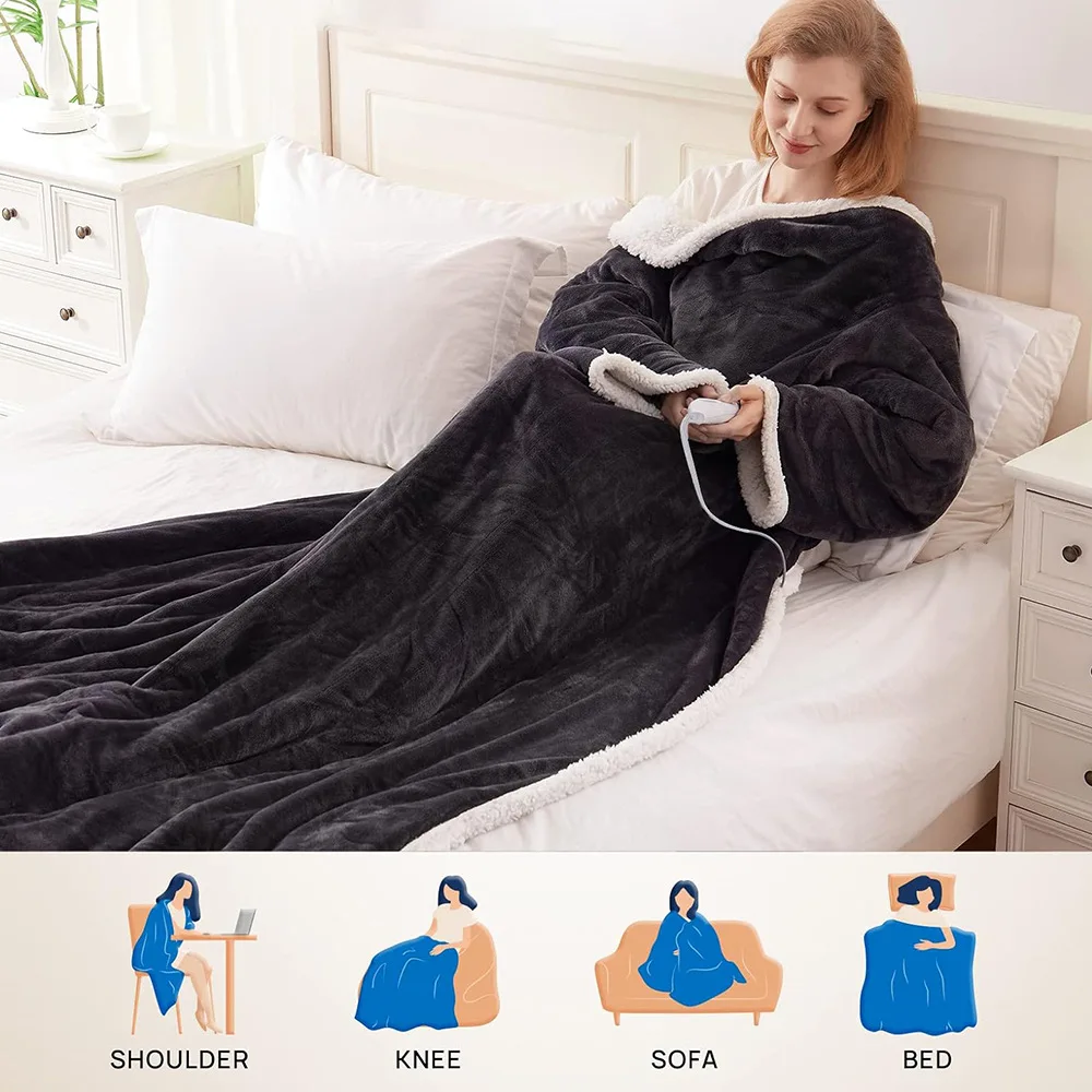 

Flannel Fleece Wearable Electric Heated Blanket with Sleeves for Home Office Use