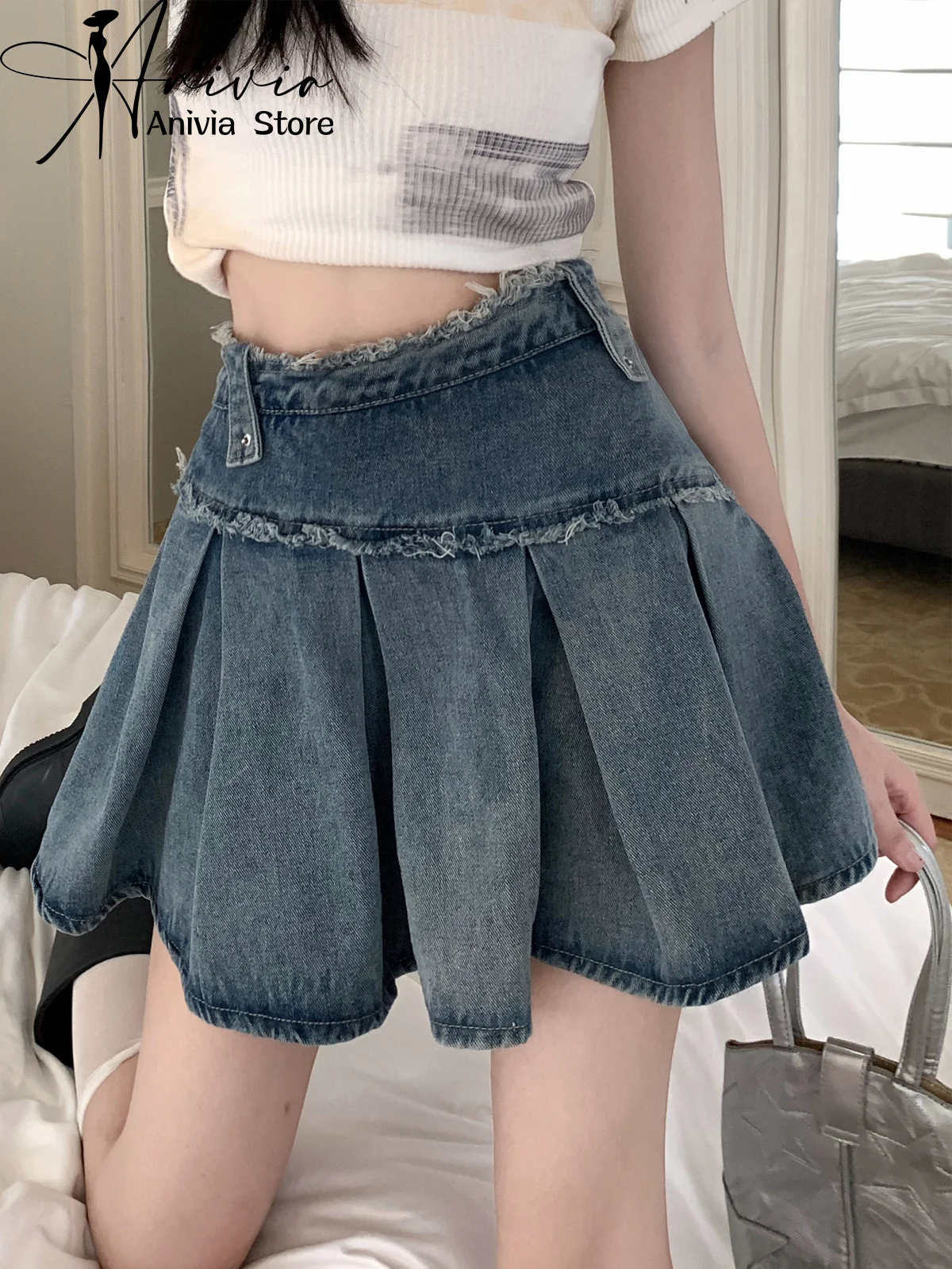 

Vintage Women Street Clothing Solid Color Fashion Blue Denim Short Skirt Fashion Match All Y2K High Elastic Waist Pleated Skirts