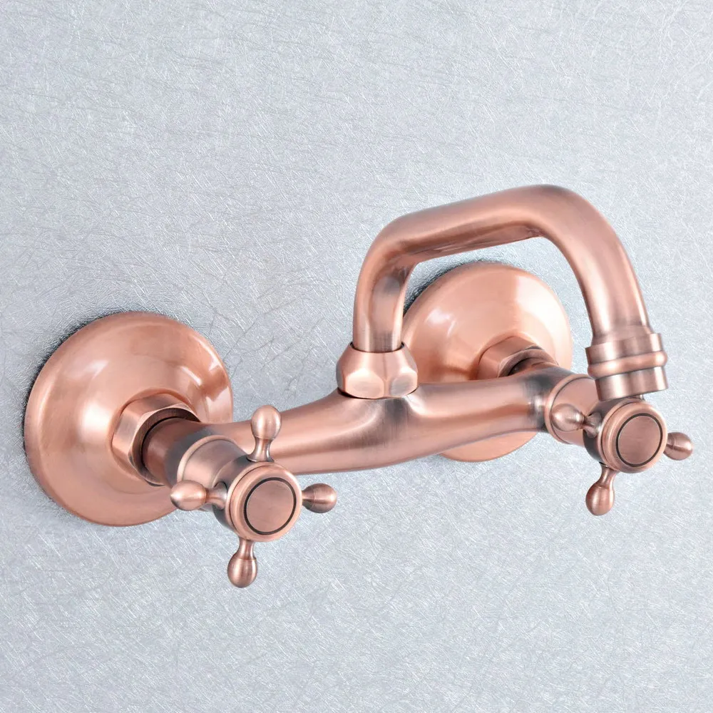 

Antique Red Copper Washbasin Faucet Wall Mounted Kitchen Sink Faucet Swivel Spout Bathroom Basin Cold Hot Water Taps Dsf865