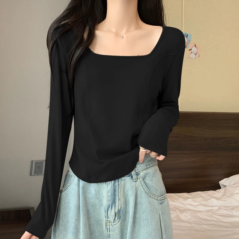 

Square Neck Pullover Slim Short t-shirt Women Spring and Autumn Slim Long Sleeve Fishbone Pattern Tops Hundred Blouse