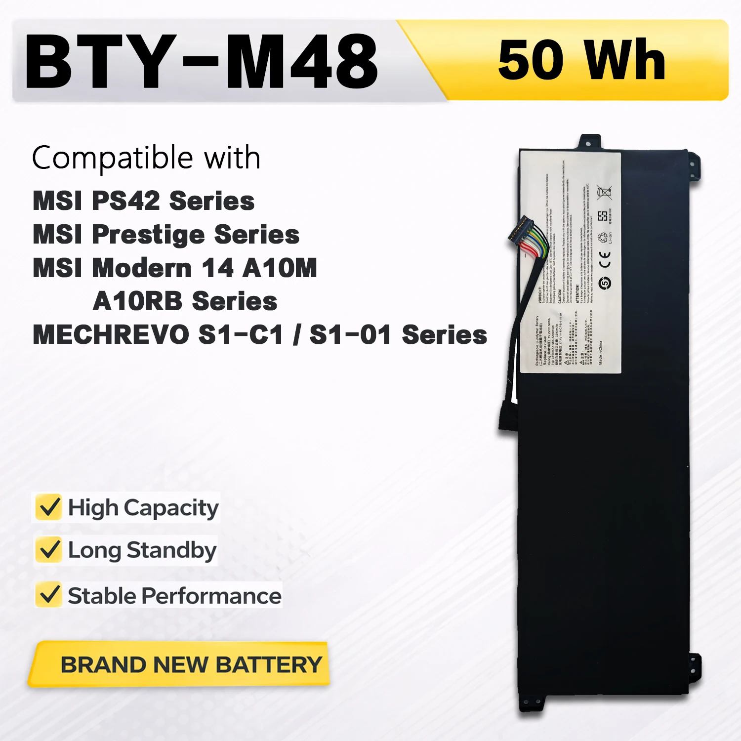 PowerHub BTY-M48 15.2V 50Wh Laptop Battery for MSI PS42 8M 8RB 8RC Prestige Modern 14 A10M A10RB 4ICP5/41/119 MECHREVO S1-C1
