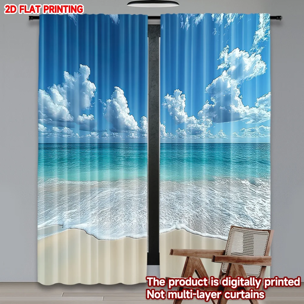 

2D flat printing 2pcs Party Curtains Blue Sky Over Ocean Digital Printed Polyester Drapes Family Party Decoration for Photo