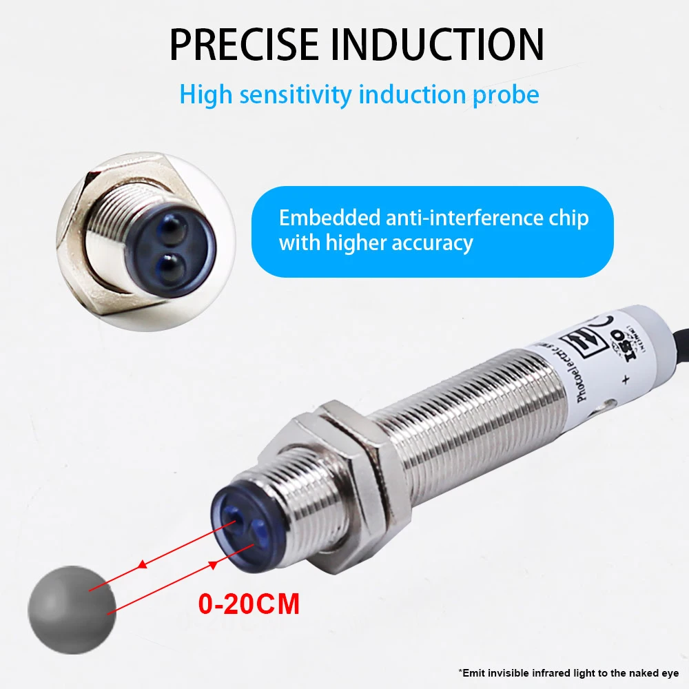 Cloweit M12 Diffused Photo Electric Sensor IP65 20cm Long Distance 24v NPN PNP Optical Infrared Switches