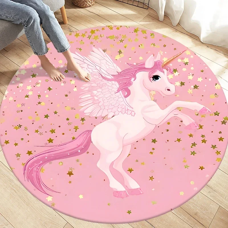 Cartoon Cute Unicorn Animals Round Carpet Shiny Golden Stars Circle Rug Girls Bedroom Living Room Floor Mat Chair Pad Doormat