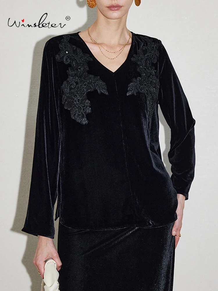 Winsleter-Bottom 100%Real Silk Elegant Velvet T-shirt, V Neck Embroidery, Woman Retro Commute Loose Top, 2026 Spring T61536CC