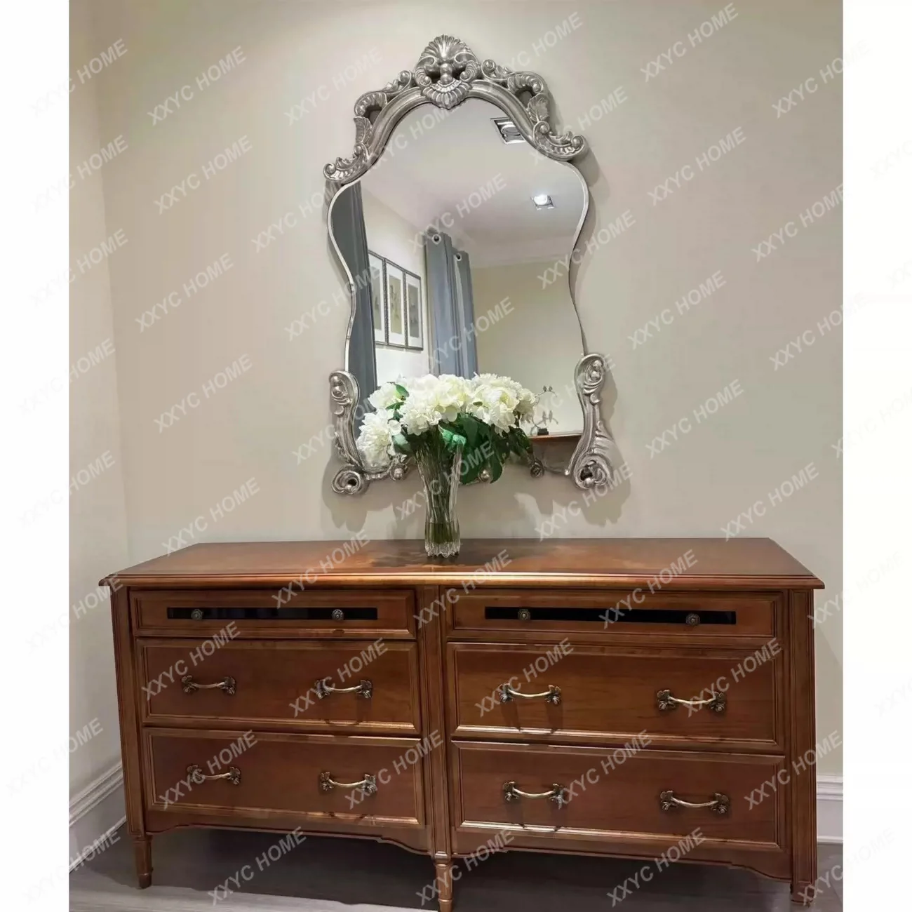 Country Classic, Carved Minimalist, Solid Wood Bedroom Chest of Drawers, Dressing Table
