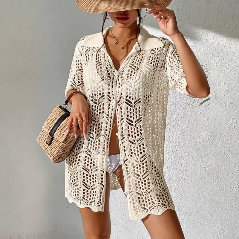 

Short Sleeve Loose Sexy Shirt Style Beach Cover Up Summer Single Button Swim Cover Up for Women Solid Swimwear Mini Dress