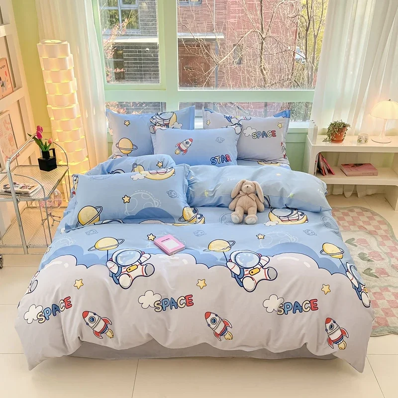 Kids Cartoon Astronaut Duvet Cover Set Single Queen Cotton Bedding Set Star Space Planet Print Comforter Cover With Pillow Shams