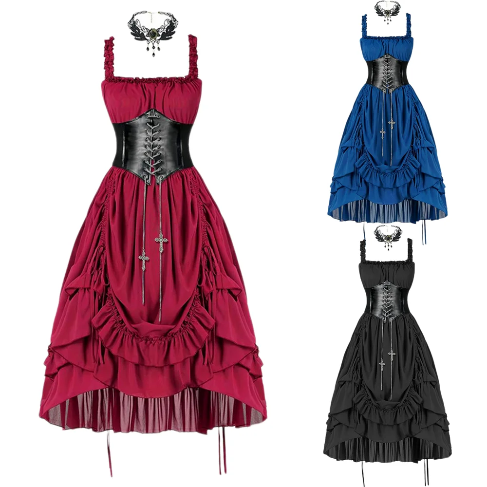 Victorian Retro Court Dress Women Solid Color Suspender Long Skirts With Corset Halloween Carnival Party Cosplay Costume