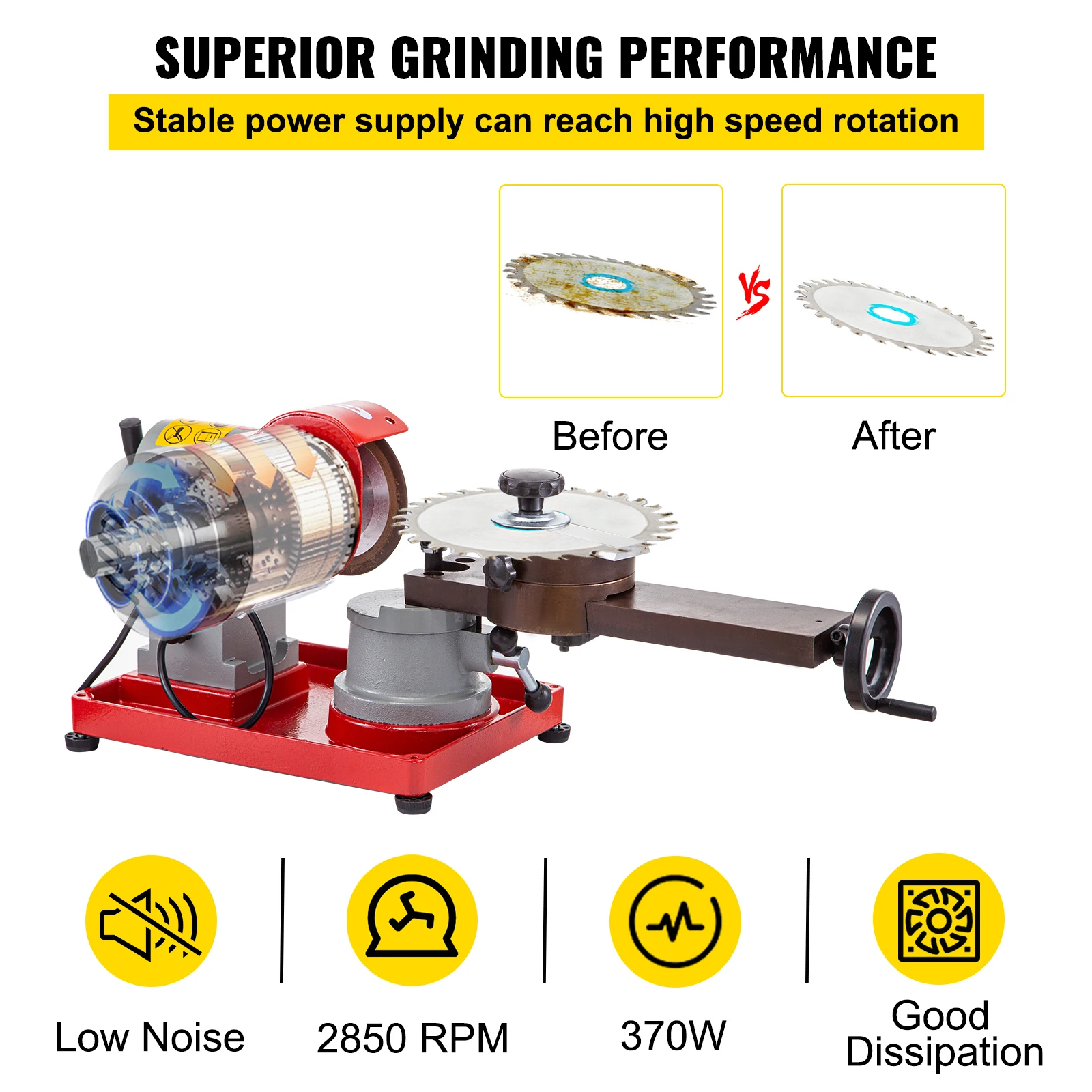 VEVOR Affilatrice Per Lama 370 W Velocità 3400 RPM Affilatrice per Seghe con Scala e 4 Croce per Il Taglio di Alluminio Legno e Materiali Plastici e Tipi di Lame per Seghe Circolari in Metallo Duro