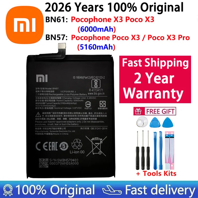 Xiaomi Phone Replacement Battery, BN57, BN61, 6000mAh, Xiaomi Pocophone X3, Poco X3 Pro Batteries, 100% Original, 2026 Years