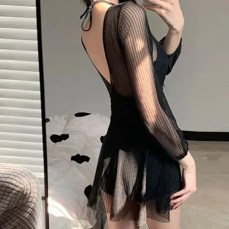 2025 New Korean Two Piece Swimwear Dress Trummy Control Swimsuit Long Sleeve Bathing Suit Sexy Monokini Swim Pool Beachwear