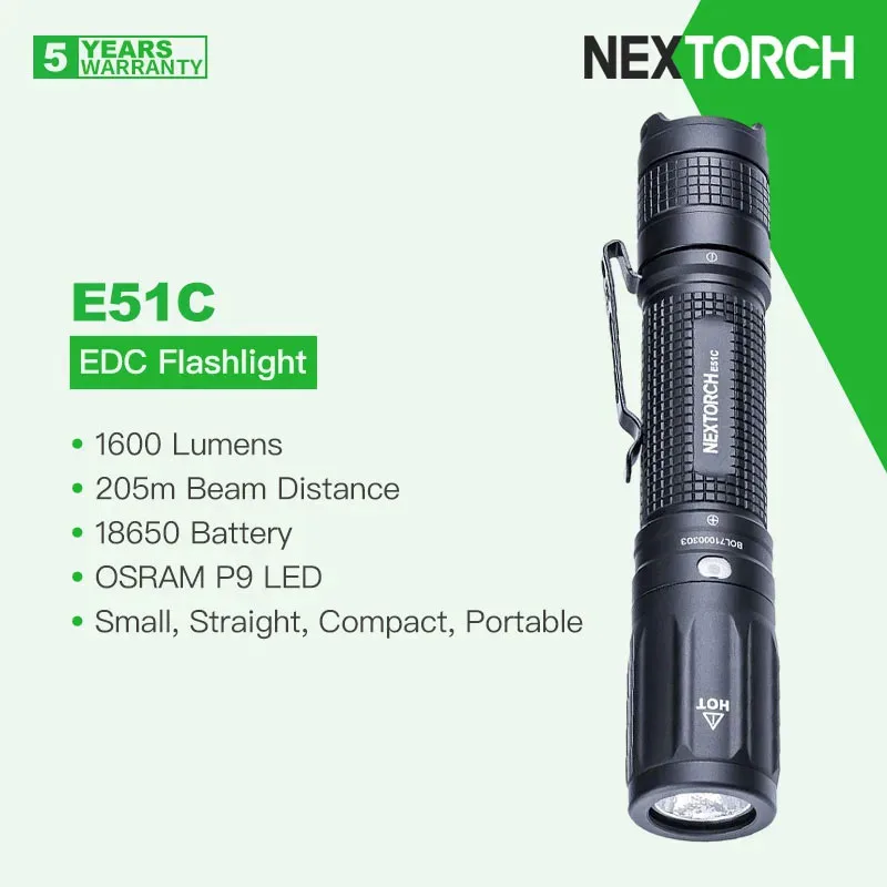 NEXTORCH E51C Rechargeable Straight EDC Flashlight, OSRAM P9 LED 1600 Lumens, 18650 Battery, IPX8 Waterproof for Camping, Hiking