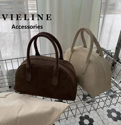 VIELINE Women's Suede Cowhide Bowling Boston Bag Korean Niche Classic style Genuine Leather Ladies Handle Bag