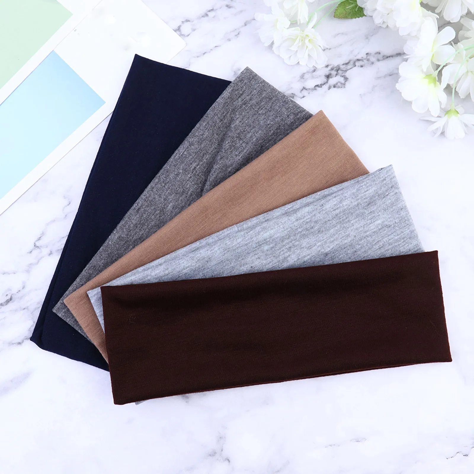 5Pcs Sports Hairband Yoga Headbands for Women Wide Sweat Absorption Stretchy Breathable Hairbands Dark Coffee Light Coffee Light