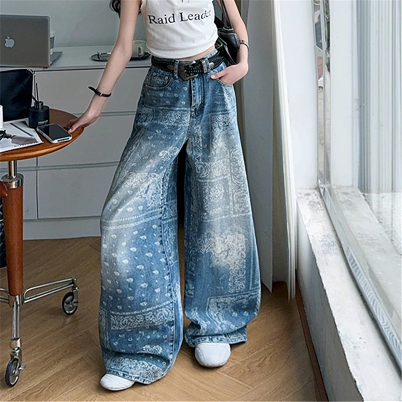 Kids Style Ethnic Pattern Printed Wide Leg Jeans for Teens Girl High Fashion Streetwear Denim Pants Child Cool Baggy Jeans 5-14Y