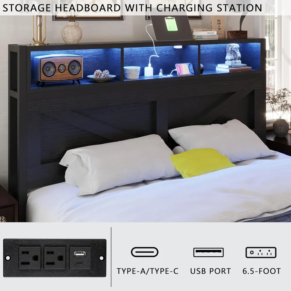King Bed Frame with Bookcase Headboard and Storage Drawers, LED Lights and Charging Station, No Box Spring Needed，Customized