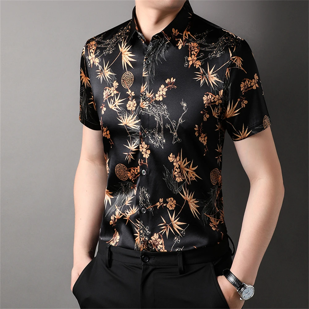 Icy Cool Real Silk Shirts For Men Short Sleeved Premium Gentleman Summer Quality Smooth Comfortable Casual Banquet Chemise Homme