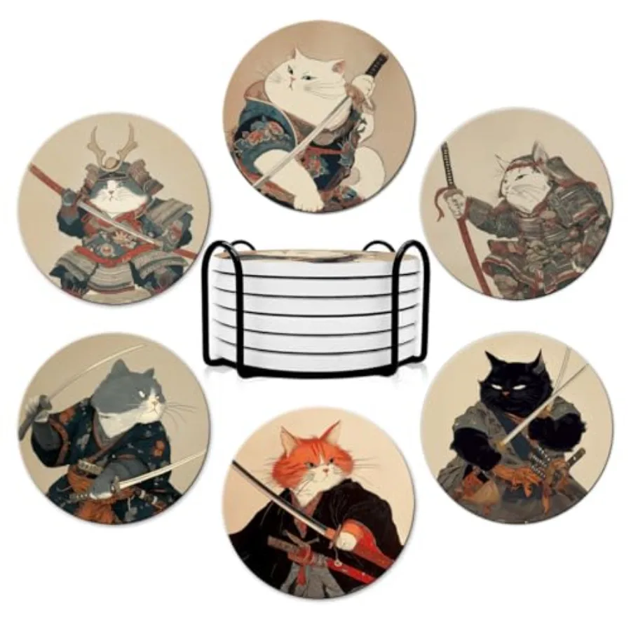 

Coasters for Drinks, Round Absorbent Ceramic Stone Coasters Set of 6 with Cork Base, Funny Drink Coasters with Holder for Cold