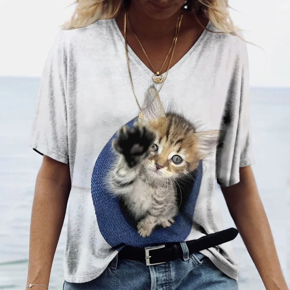 Plus size camiseta feminina kawaii gato impressão 3d camiseta topo meninas y2k roupas de manga curta camisetas com decote em v casual férias camiseta 