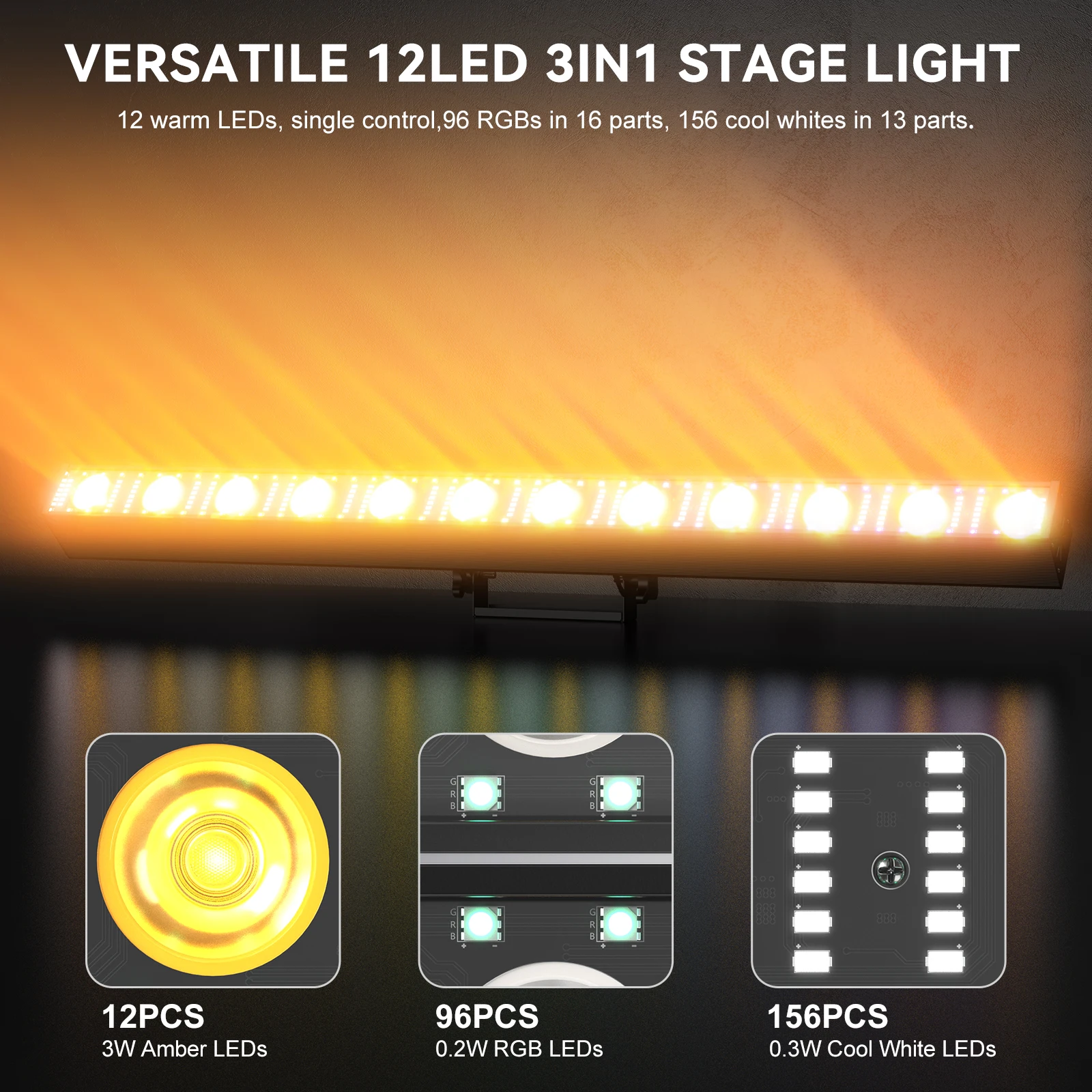 Yiflamefly 2Pcs 200W 12 LEDs RGB Strobe Beam Wall Washer Light DMX512 5/14/73 CH Voice control For Weddings Commercial Lighting