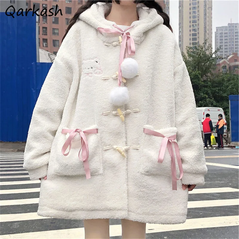 

Sweet Hooded Jackets Women Loose Tender Plus-velvet Girlish Streetwear Embroidery Lazy Outwear Students Japanese Style Winter