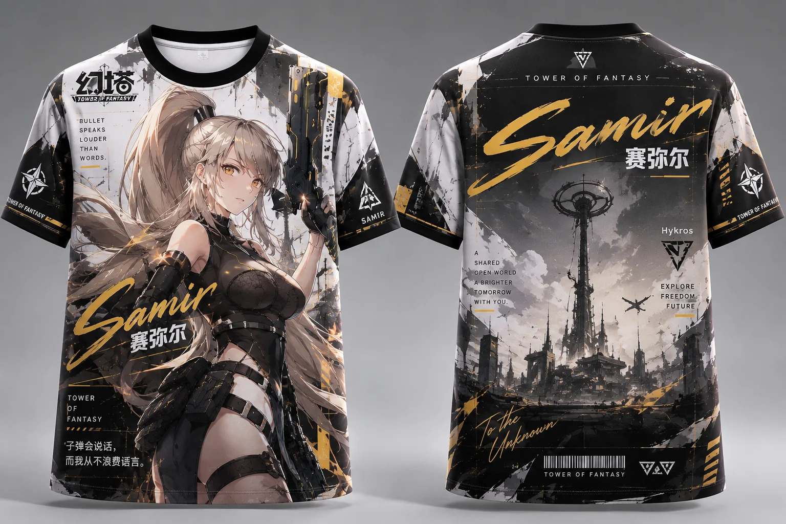 Y2K Tower of Fantasy Samir Graphic T Shirt, Double Sided Print Anime Short Sleeve, Casual Cosplay Tee for Game Fans