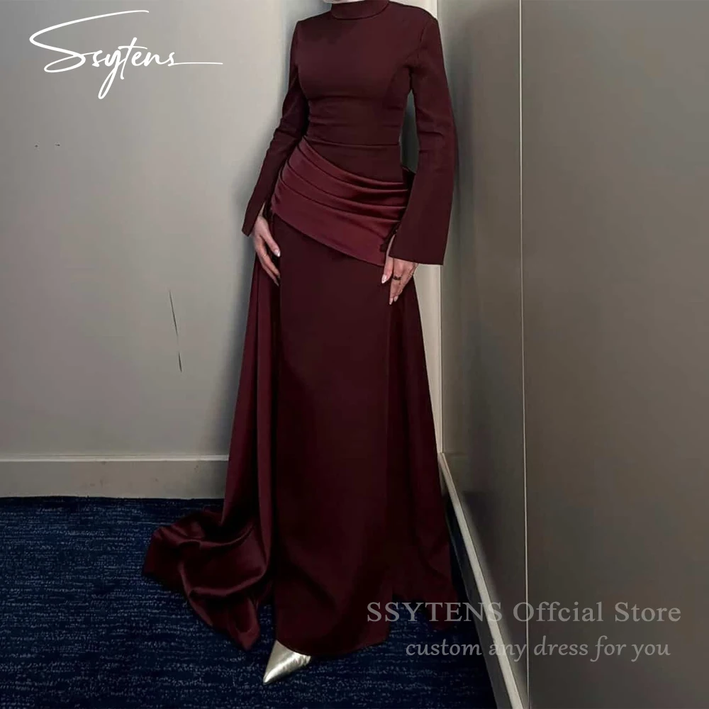 SSYTENS Arabic Evening Dresses High Neck Long Sleeves Strethcy Satin Customized Mermaid Brown Party Prom Gowns Vestidos De Noche