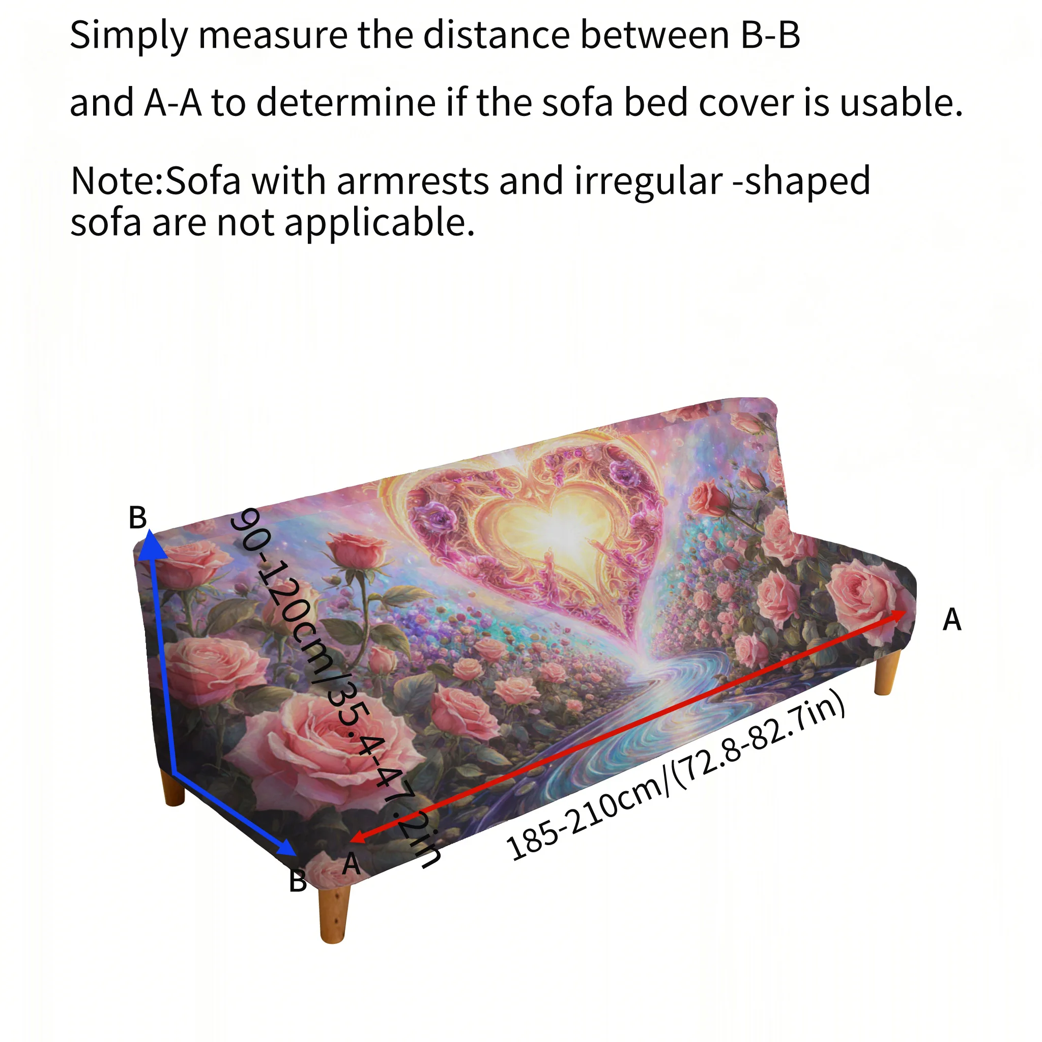 Armrest-free elastic printed sofa bed cover, living room home decoration, romantic heart-shaped flower sea pattern