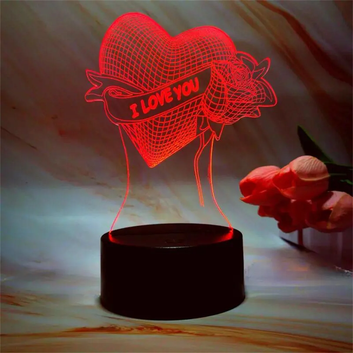 1pc Rose Love 3D Night Light, 3D Optical Illusion Lamp With Touch, 7-Color Changing Ambient Light For Bedroom