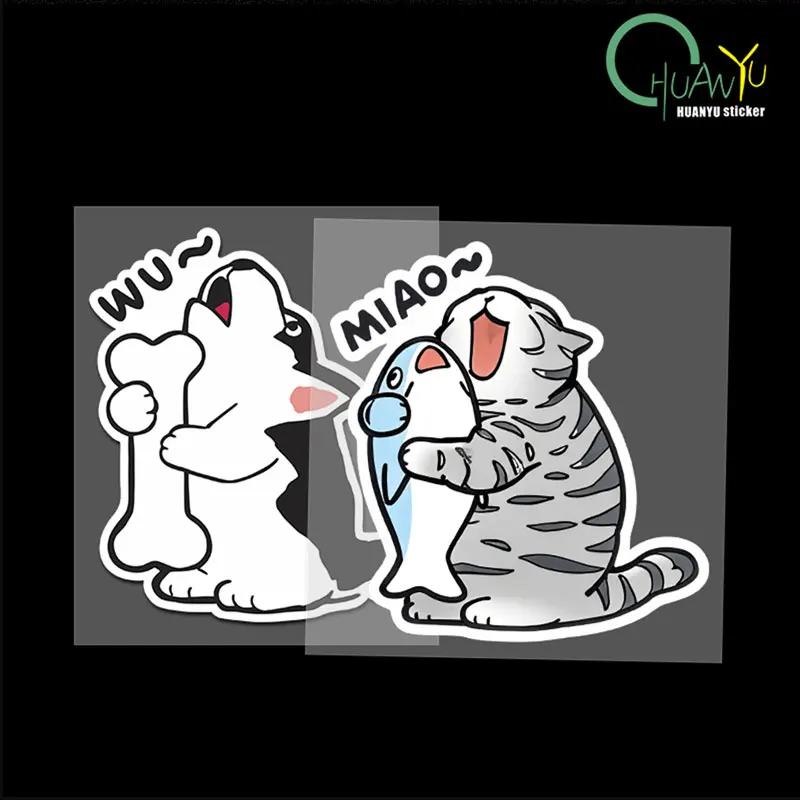 Cartoon süßer Umarmung Fisch Katze und Knochen Husky Aufkleber geeignet zum Dekorieren von Auto, Motorrad, Zimmer Wandaufkleber wasserdicht