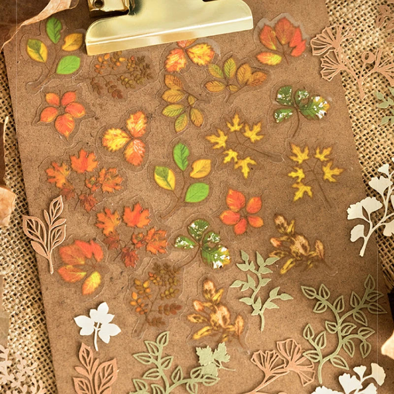 40 hojas/paquete de pegatinas decorativas impermeables con diseño en forma de hoja de otoño, adecuadas para diarios DIY, decoración para planificador de colección de recortes