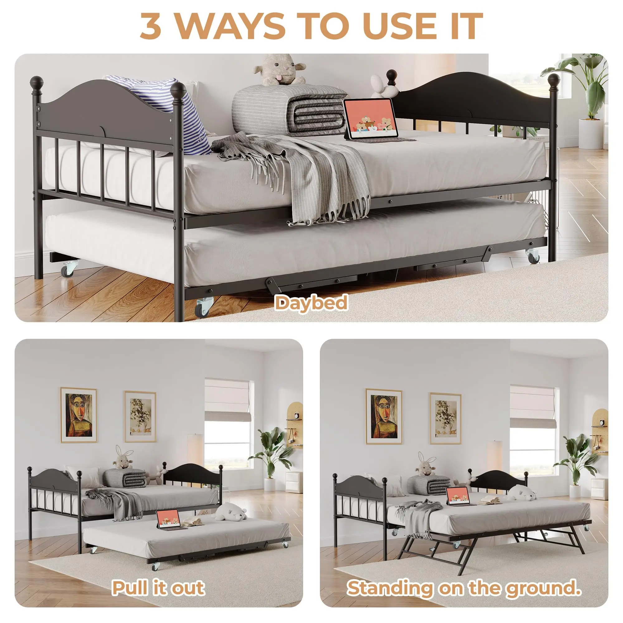 GarveeLife GarveeLife Twin Daybed with Trundle, Twin Bed Frame with Sturdy Metal Foldable Trundle, Sofa Bed with Stylish Headboard for Living Room, Bedroom and Guest Room - Aliexpress Deal