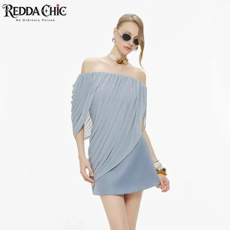 REDDACHiC Cape Asymmetric Top Skirt Women Two-piece Set Office Mesh Shirring Draped Top Satin A-line Mini Skirt Causal Costume