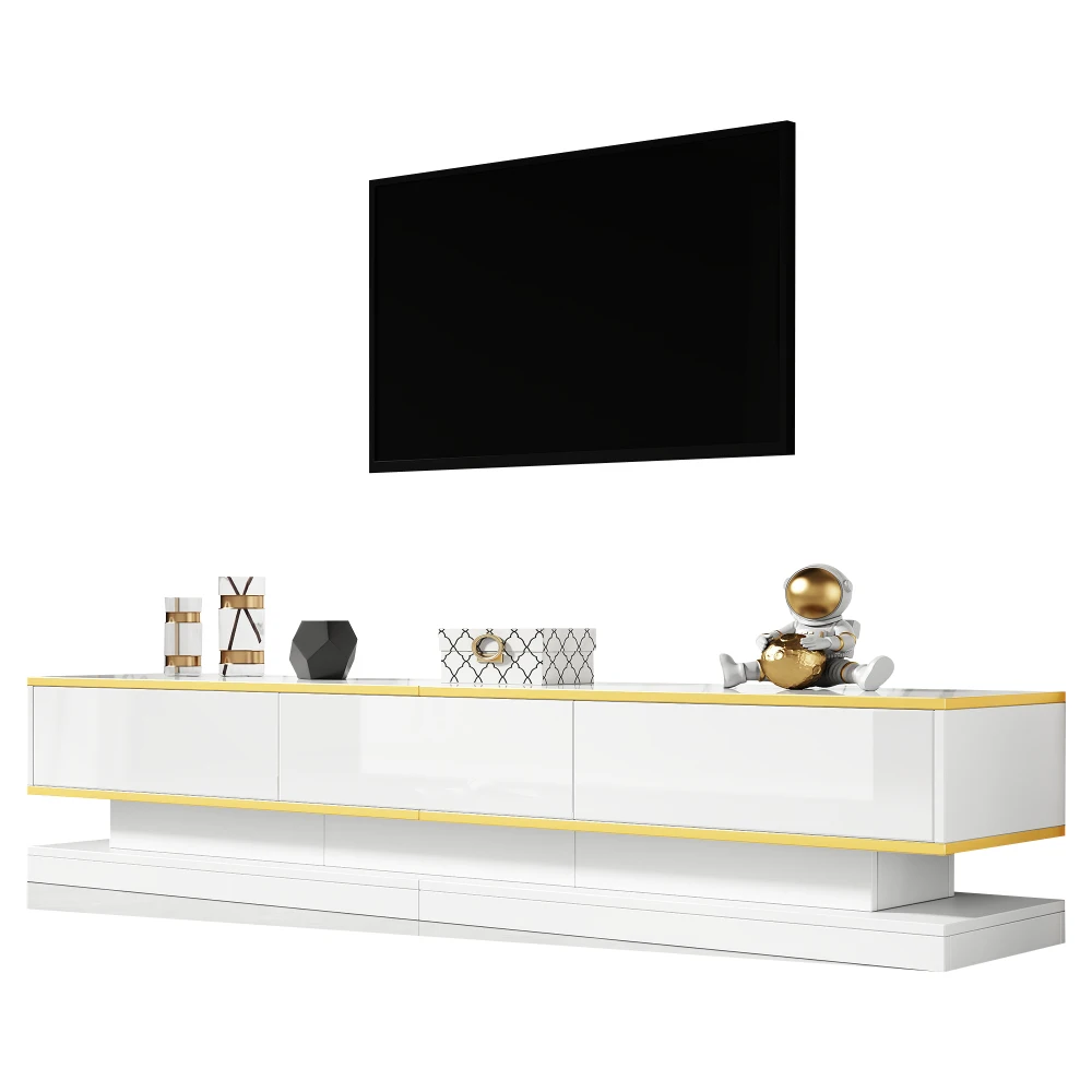 Moderner TV-Ständer mit 3 Schubladen, warmweißes Lowboard, goldener Rand, Wohnzimmer-Aufbewahrungsschrank – Detail 9